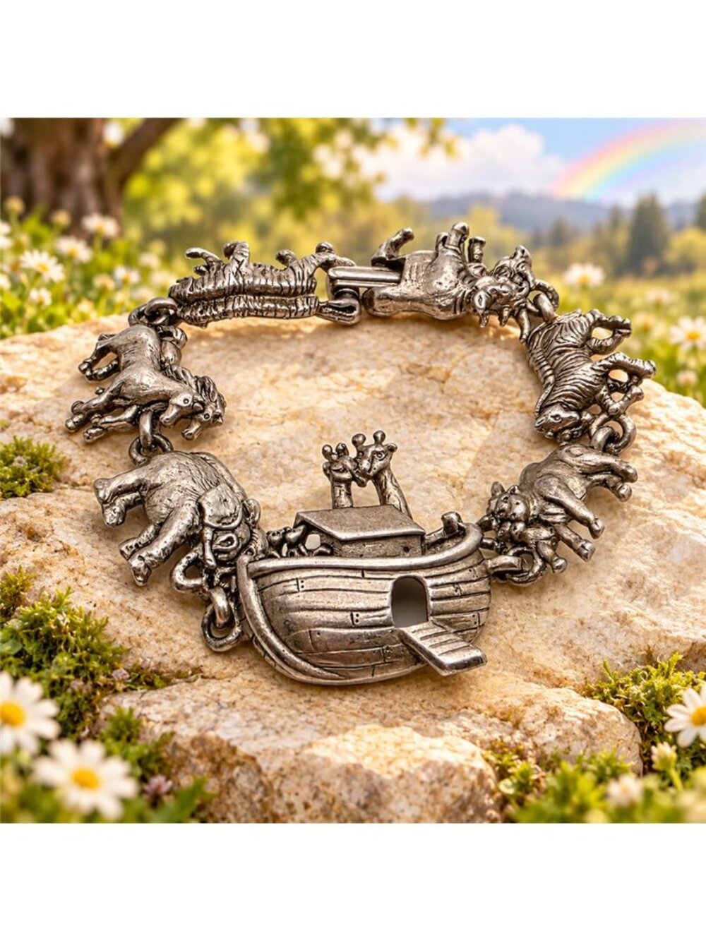 Noah’s Ark Animal Link Bracelet Silver Tone Pewter AJC 6.5 In Vintage